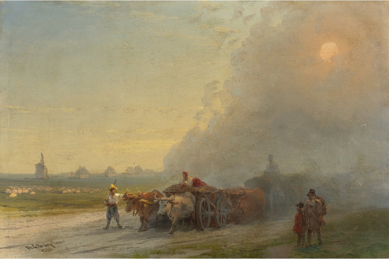 "Ox-kärror i den ukrainska stäppen" (Ox-kärror i den ukrainska stäppen) Målning av Ivan Constantinovich Aivazowski (Aivazovsky 1817-1900) 1888 - Olja på duk Dim 26x38,7 cm Privat samling av Ivan Konstantinovich Aivazovsky