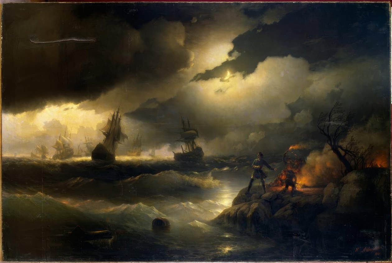 Peter den store tänder en fyr i närheten av Krasnoi Gorka för av Ivan Konstantinovich Aivazovsky