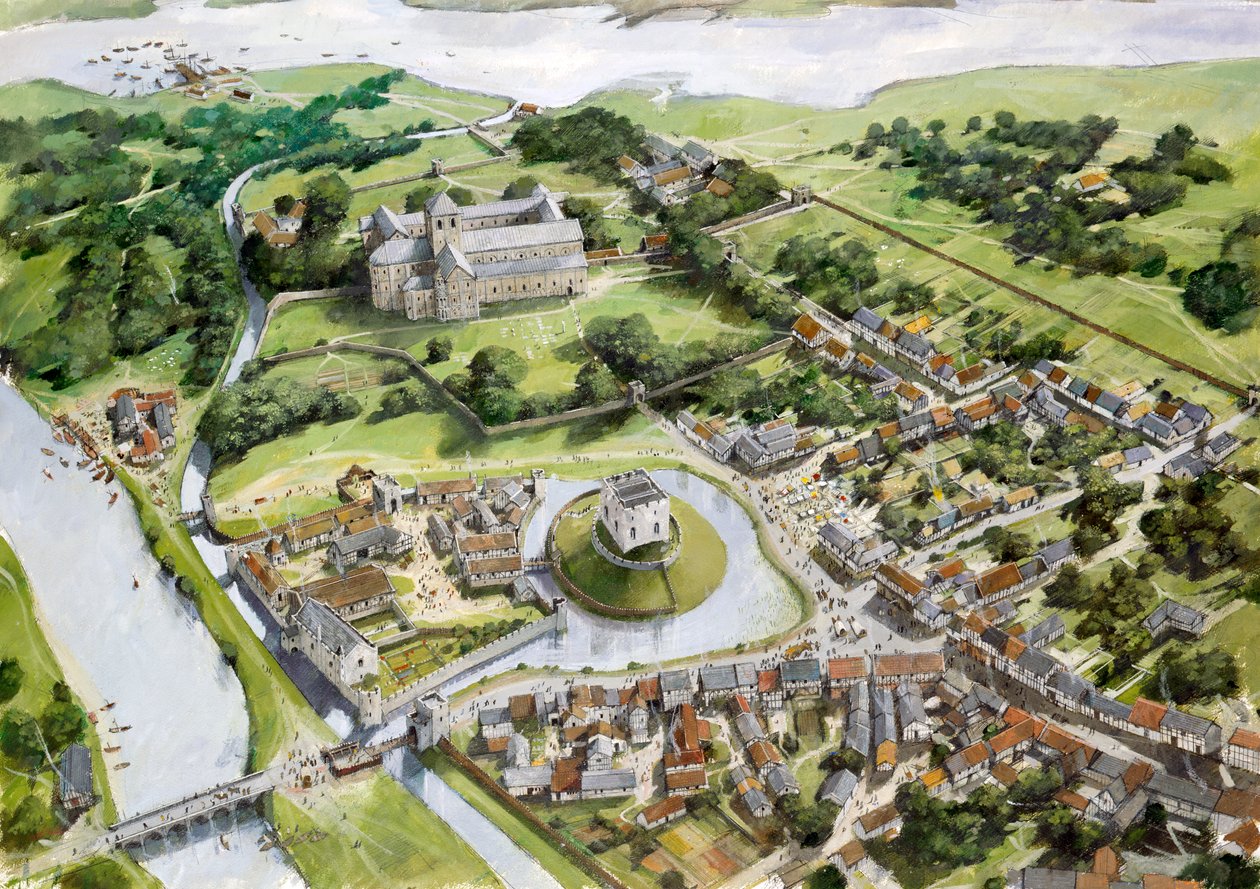 Flygfoto över Christchurch Castle, Port and Priory avbildat i slutet av 1100-talet av Ivan Lapper