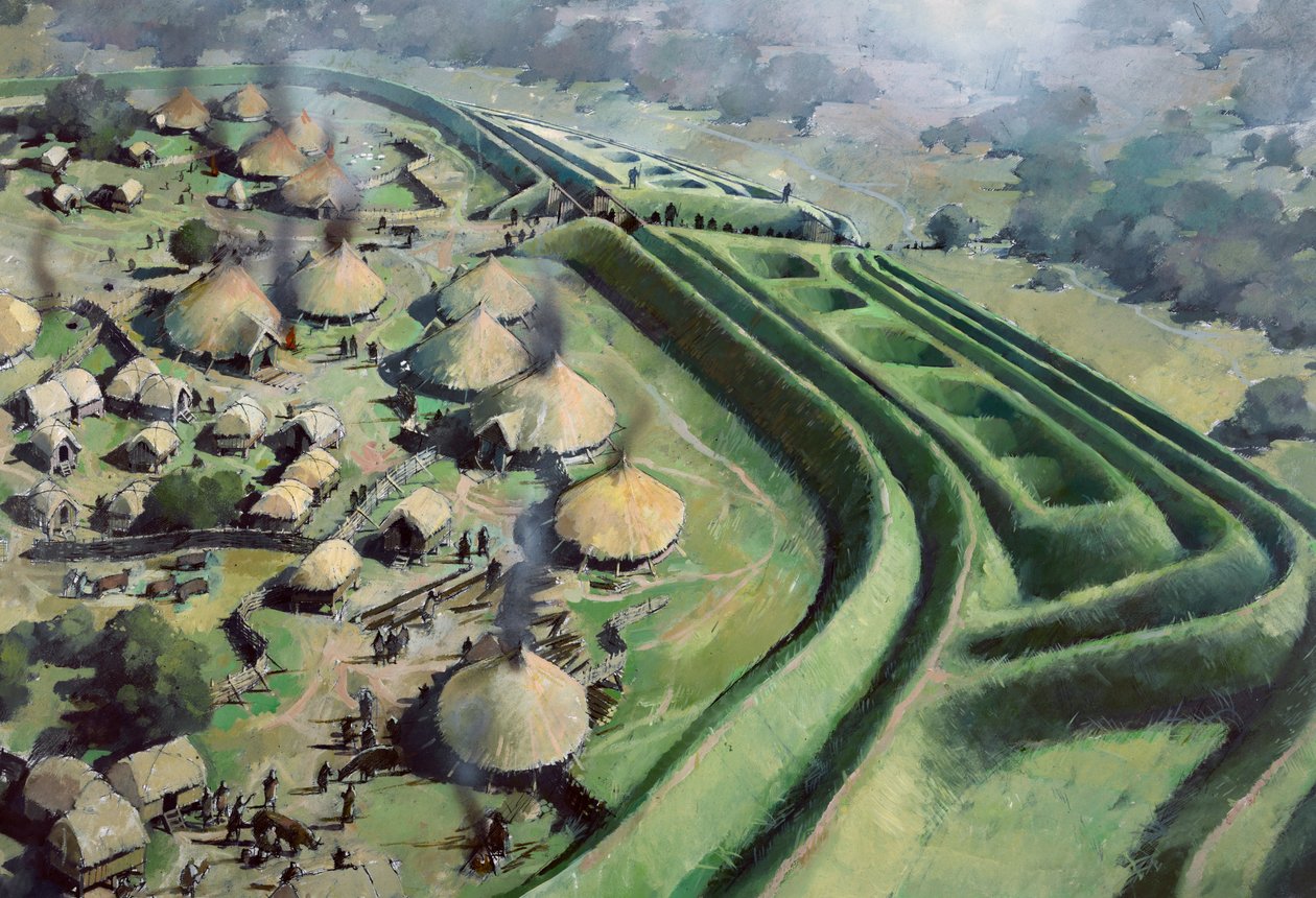 Flygfoto över ingången till Old Oswestry Hill Fort under järnåldern, c1970-2010 av Ivan Lapper