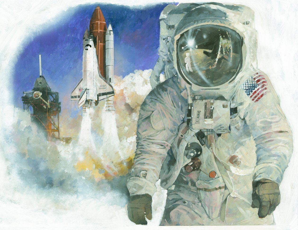 Den amerikanske astronauten Buzz Aldrin i sin rymddräkt och rymdfärjan Discovery i färd med att starta från Kennedy Space Centre av Ivan Lapper