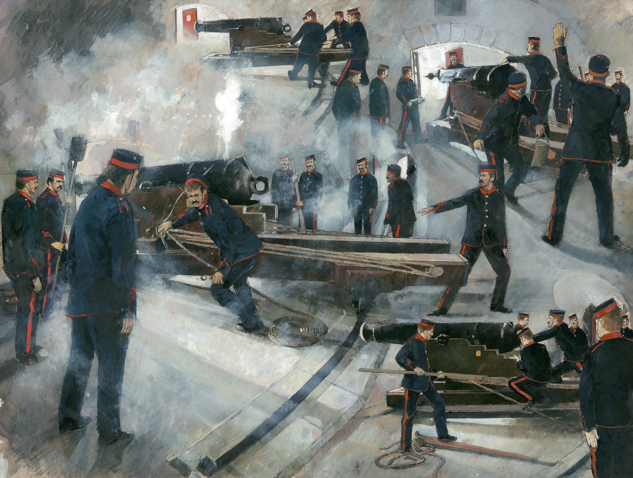 Kanonbesättning, Dartmouth Point Battery Kasematter vid Dartmouth Castle i slutet av artonhundratalet av Ivan Lapper