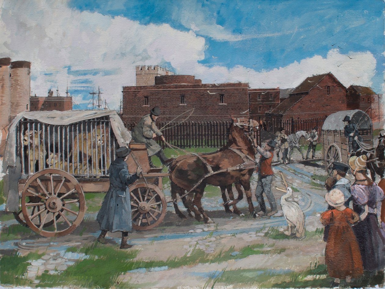 Rekonstruerad vy av djur från det kungliga menageriet som lämnar Towern i London omkring 1841 av Ivan Lapper