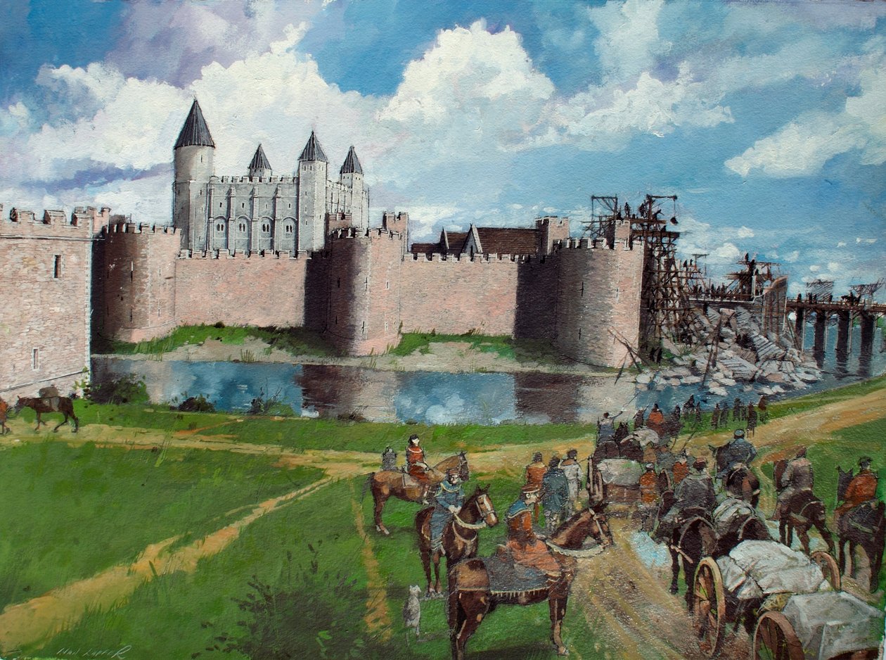 Rekonstruerad vy av Towern från nordväst som visar kung Henry III:s kollapsade port år 1300 av Ivan Lapper
