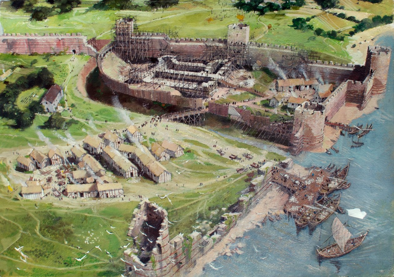 Rekonstruerad vy över Towern i London från sydväst som det kan ha sett ut på 1070- eller 1080-talet när det vita tornet var i början av sin byggnation av Ivan Lapper