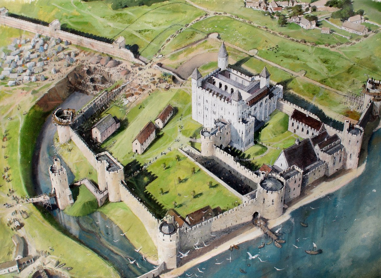 Rekonstruerad vy av Towern i London från sydväst omkring 1240 av Ivan Lapper