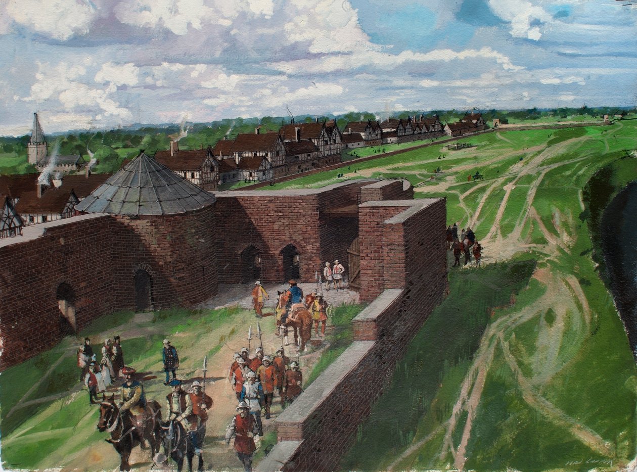 Rekonstruerad vy av Towern i London, som visar ingången till Byward Tower och Lion Tower på 1540-talet av Ivan Lapper