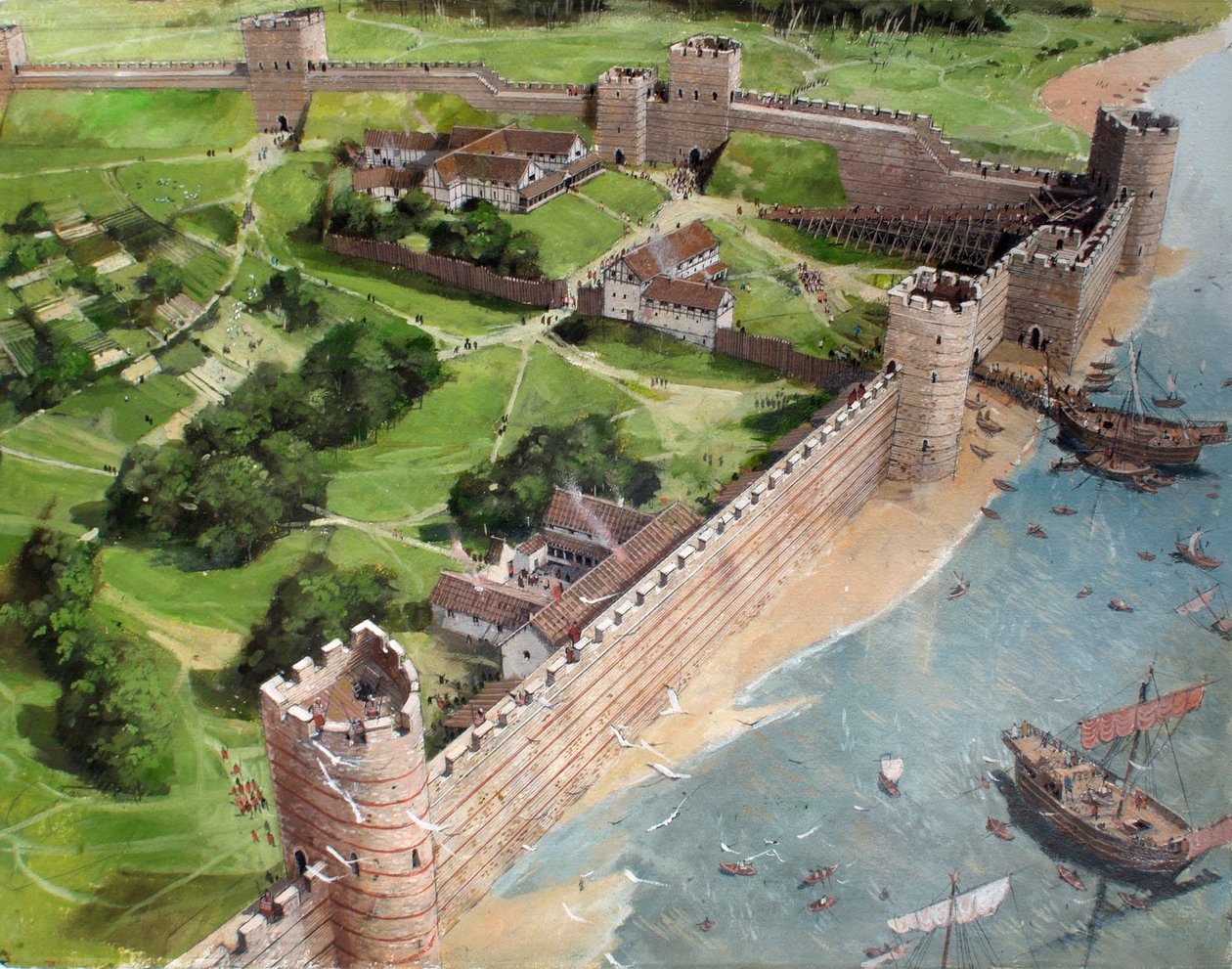 Rekonstruerad vy av det sydöstra hörnet av det romerska London och den framtida platsen för Tower of London som det kan ha sett ut omkring 400 e.Kr. av Ivan Lapper