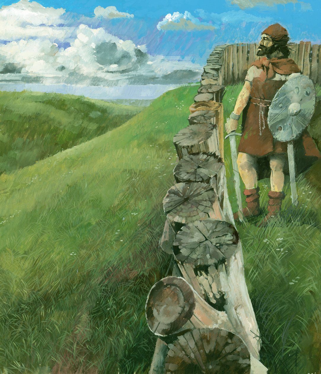 Rekonstruktionsritning föreställande en järnåldersman som står bredvid ett palissadstängsel av trä på toppen av Liddington Castle Hillfort, Swindon, Storbritannien av Ivan Lapper