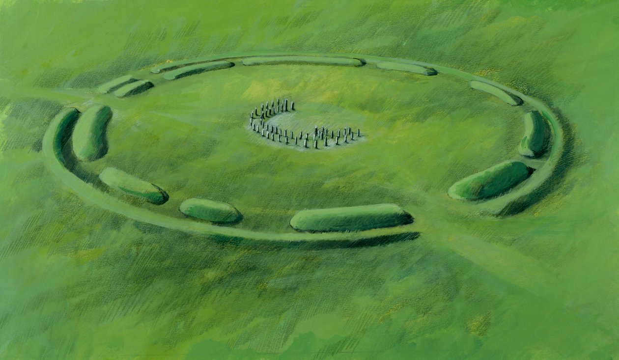 Stonehenge: tredje fasen inleds med att blåstenarna sätts upp i en dubbel halvmåne av Ivan Lapper