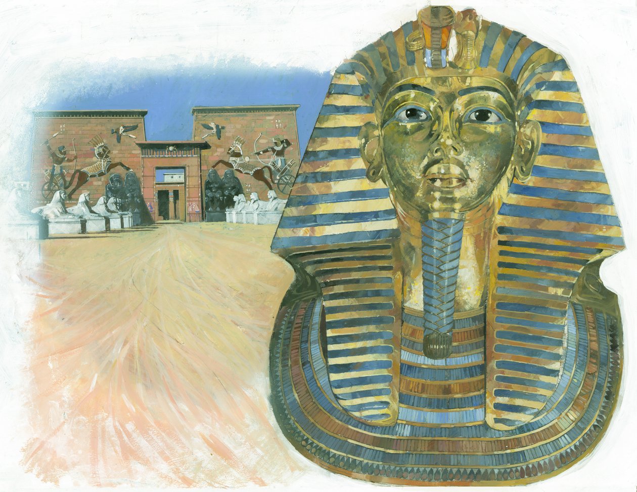 Den gyllene masken från den egyptiske faraon Tutankhamuns mumie, med ett forntida egyptiskt tempelkomplex i bakgrunden av Ivan Lapper