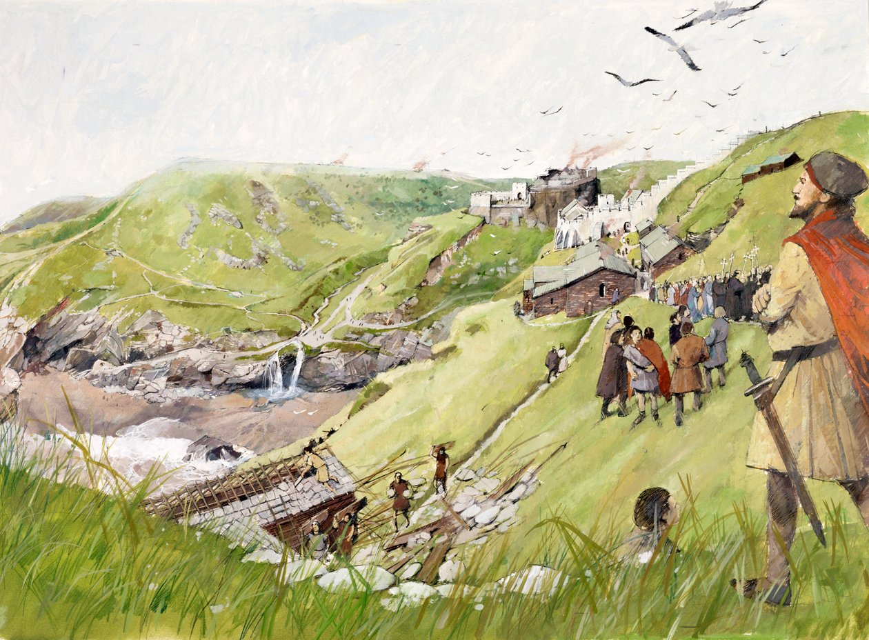 Tintagel Castle på medeltiden (akvarell på papper) av Ivan Lapper