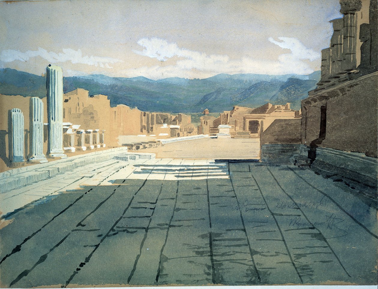 Pompei (Italien) (Pompei). Utsikt över forumet av romerska ruiner i Neapelbukten, framför Vesuvius. Verk av Ivan Nikolayevich Kramskoi (1837-1887), akvarell på papper av Ivan Nikolaevich Kramskoy