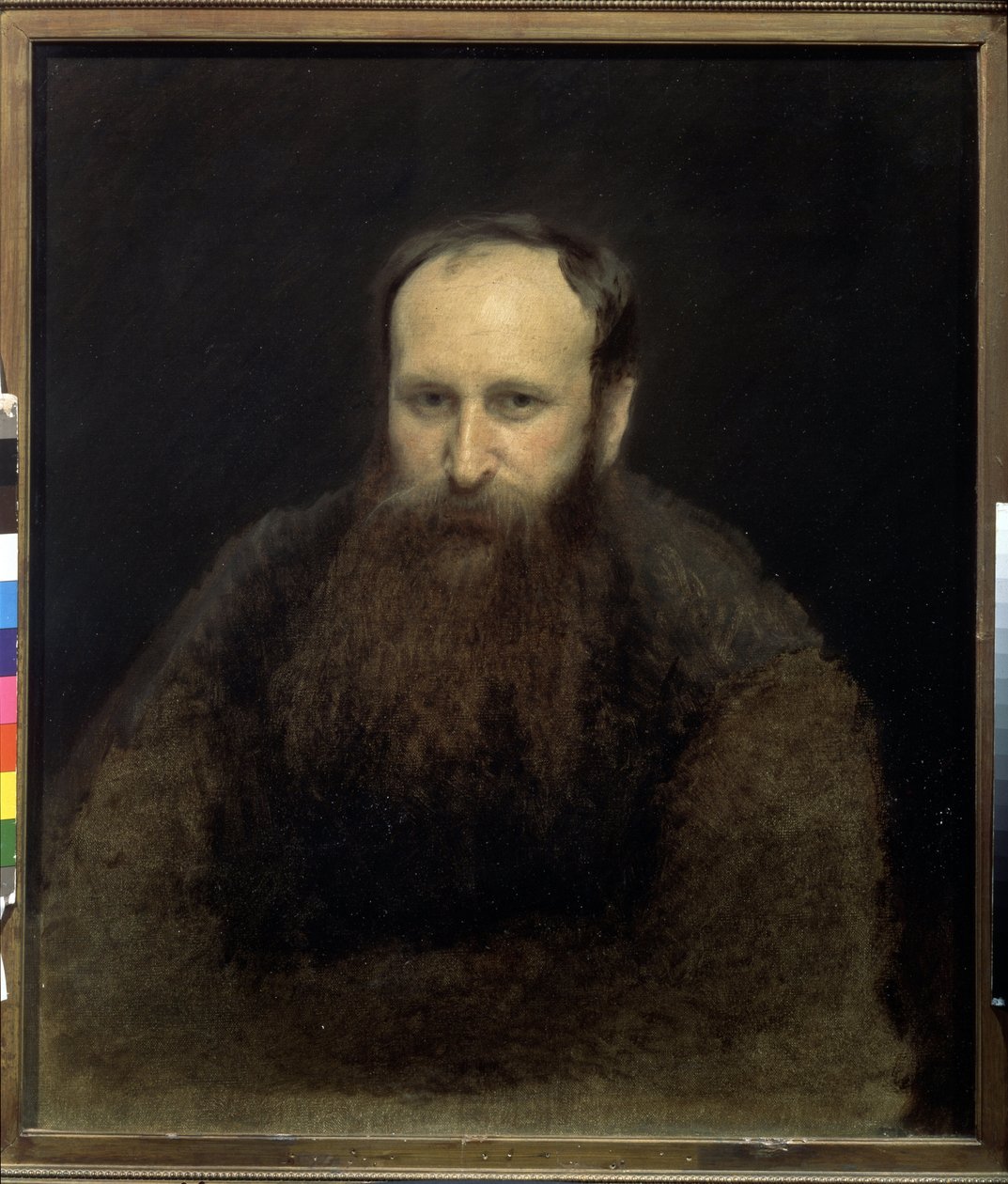 Porträtt av konstnären Vasily Vereshchagin (1842-1904) (Porträtt av konstnären V.Vershchagin). målning av Ivan Nikolayevich Kramskoi (1837-1887), olja på duk av Ivan Nikolaevich Kramskoy