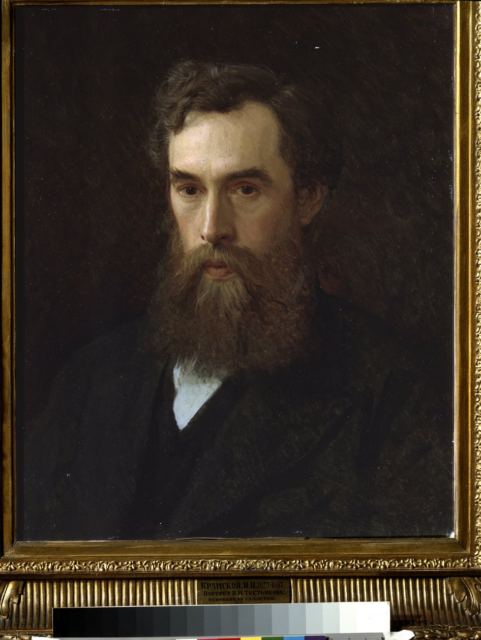 Porträtt av samlaren, chefen och grundaren av konstgalleriet, Pavel Tretyakov (1832-1898). (Porträtt av samlaren, beskyddaren och grundaren av galleriet, P.Tretyakov). Målning av Ivan Nikolayevich Kramskoi (1837-1887), olja på duk av Ivan Nikolaevich Kramskoy