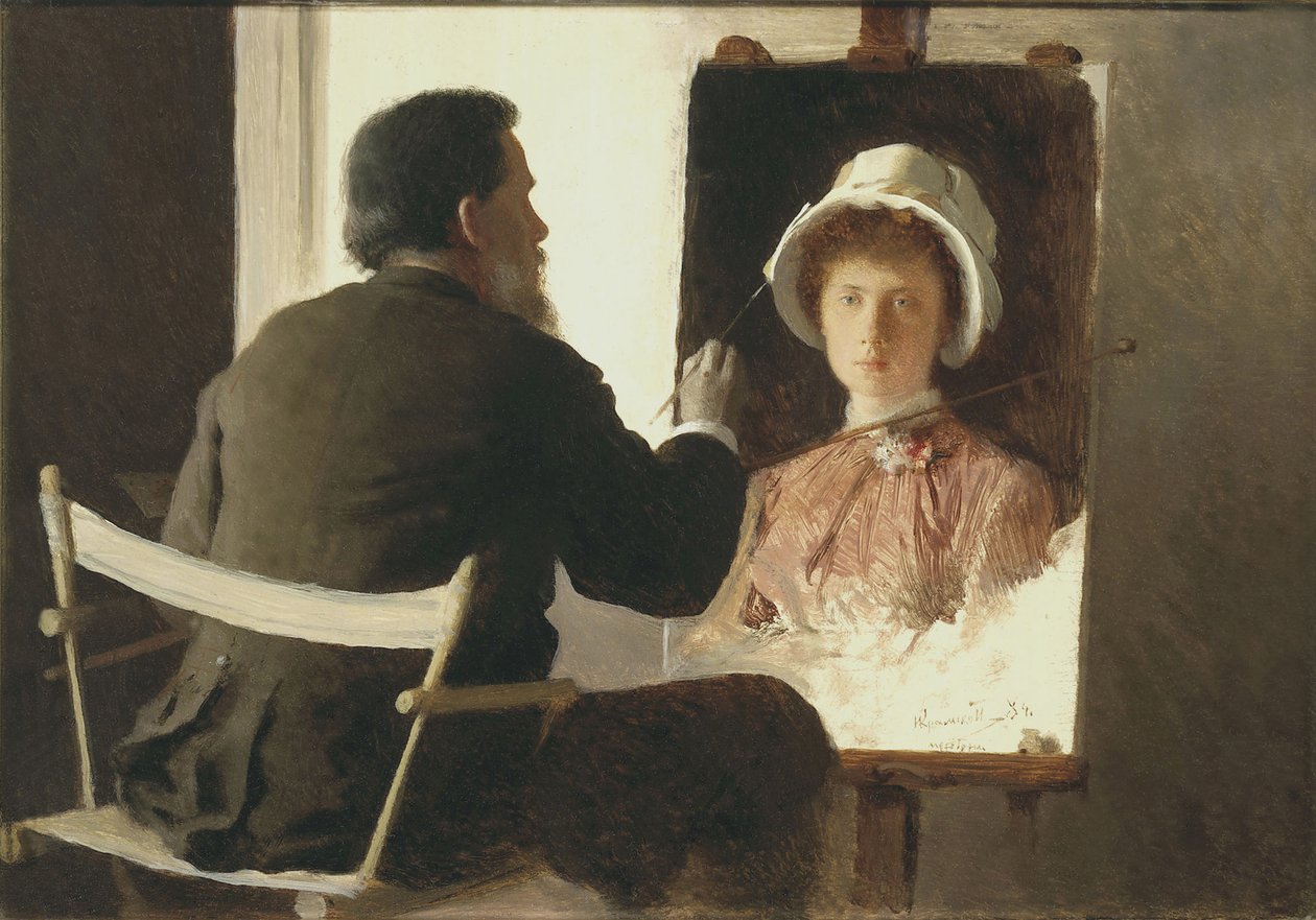Kramskoy målar ett porträtt av sin dotter, 1884 av Ivan Nikolaevich Kramskoy