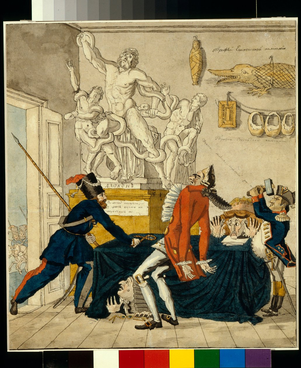 Napoleon Bonaparte (1769-1821) säljer stöldgods, bland dem Laocoön-gruppen - karikatyr av Ivan Ivanovich Terebenev (1780-1815), tusch och akvarell på papper av Ivan Nikolayevich Terebenev