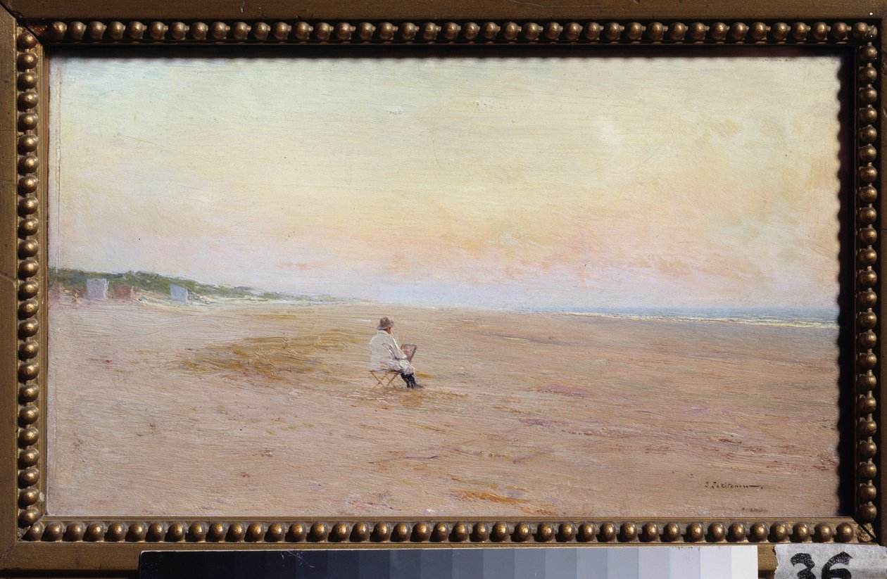 Konstnär på stranden - Konstnär vid havet - Målning av Ivan Pavlovich Pokhitonov (1850-1923), olja på trä - rysk konst av Ivan Pavlovich Pokhitonov