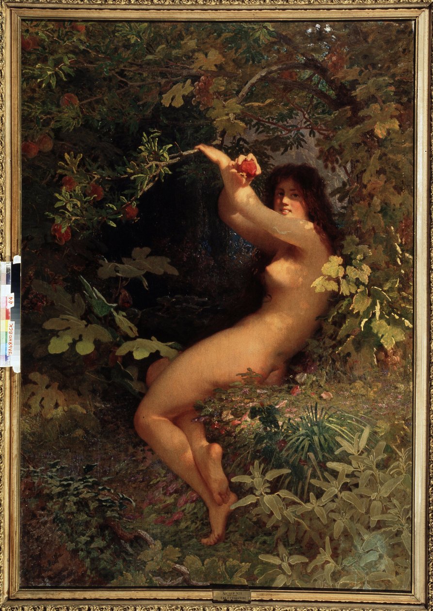 Eve med ett granatäpple (Eve med granatäpple). Naken och förförisk Eva, i Edens lustgård, plockar kunskapens frukt. Målning av Ivan Petrovich Keler Viliandi (1826-1899), olja på duk av Ivan Petrovich Keler Viliandi