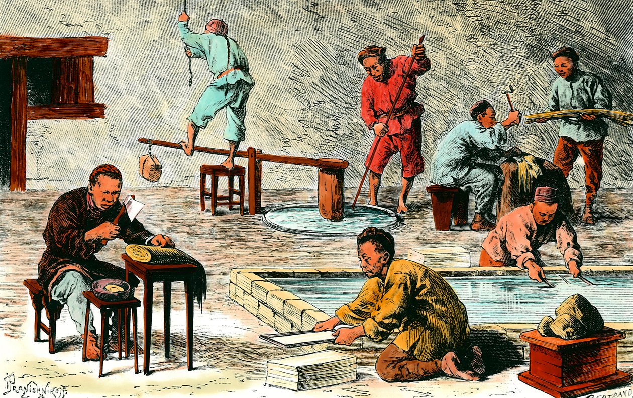 Papperstillverkning i Kina: olika stadier av tillverkning av pappersark från barken. Teckning av Ivan Pranishnikoff (1841-1909). 1800-talets privatsamling av Ivan Pranishnikoff