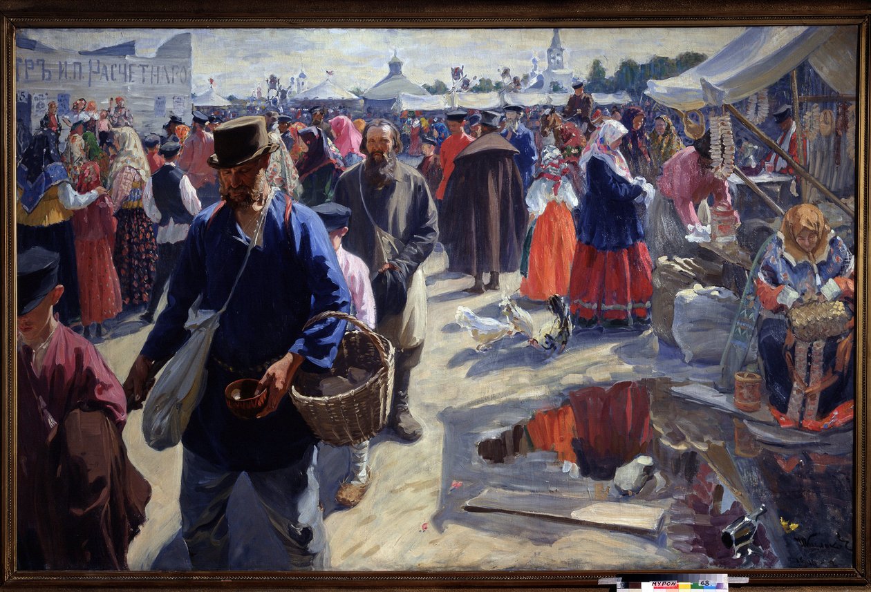 Mässan (En mässa). Marknadsscen i en rysk provinsstad, i en traditionell atmosfär, med bönder och försäljare. Målning av Ivan Semyonovich Kulikov (Koulikov) (1875-1941), olja på duk av Ivan Semyonovich Kulikov