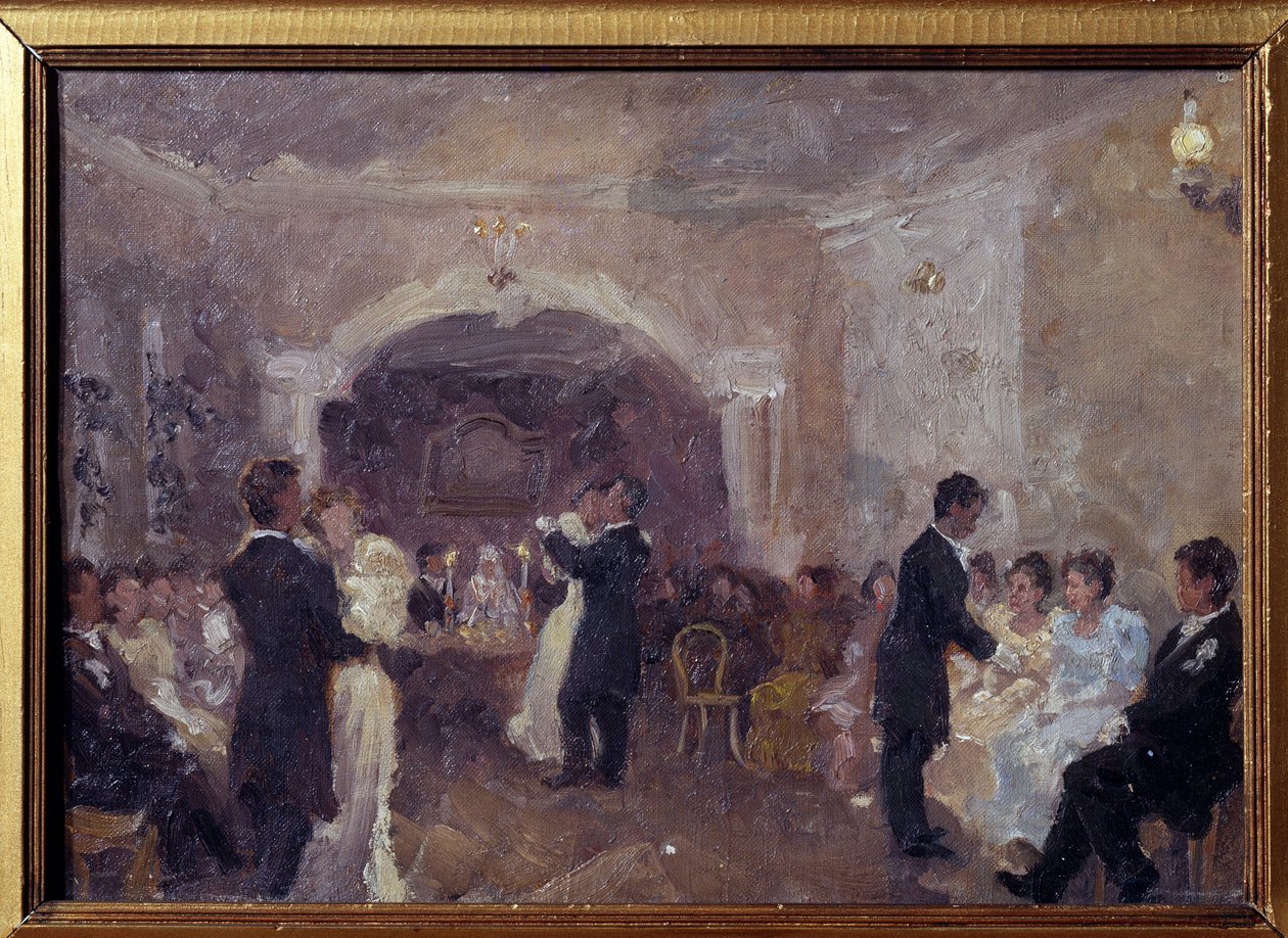 Handelsbalen. Par dansar, unga flickor klädda i vitt sitter och väntar på en inbjudan att dansa. Målning av Ivan Semyonovich Kulikov (Koulikov) (1875-1941), olja på duk av Ivan Semyonovich Kulikov