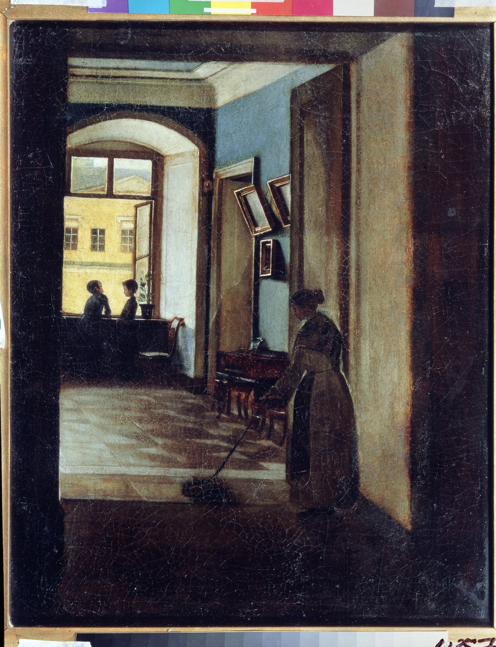 ""Utsikt över en interiör"" En tjänare passerar moppen i skuggan av en korridor (av en skola?). Målning av Ivan Trofimovich Durnov (1801-1847) State Art Museum of Republic Tatarstan, Kazan av Ivan Trofimovich Durnov