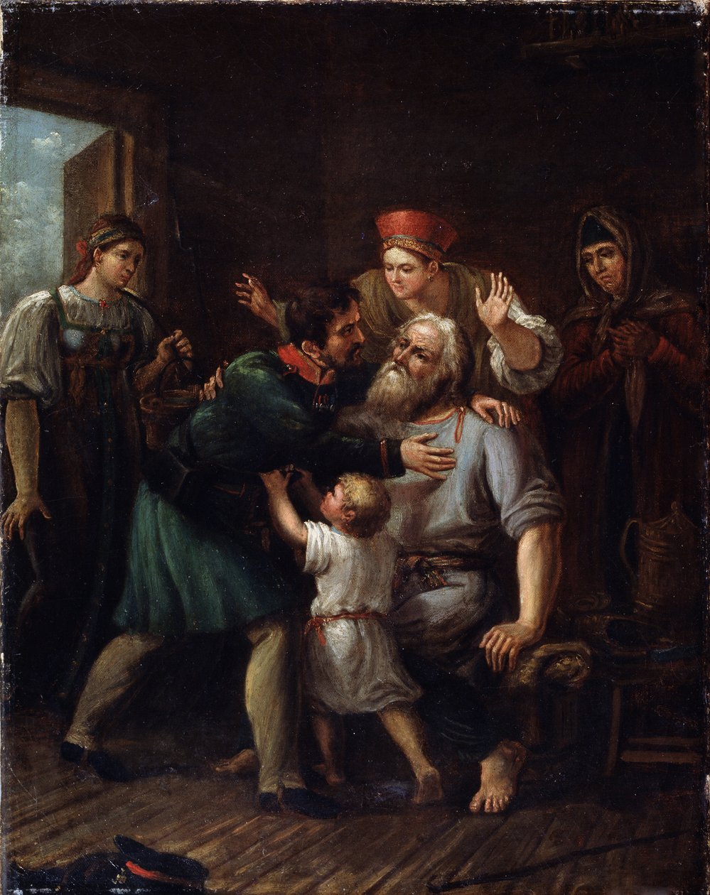 Krigarens återkomst (Homecoming Warrior). En soldat återvänder hem och kastar sig i famnen på sin gamle far. Hela familjen uttrycker sin glädje och lättnad över att se honom vid liv. Målning av Ivan Vasilyevich Luchaninov (1781-1824), olja på t. av Ivan Vasilyevich Luchaninov