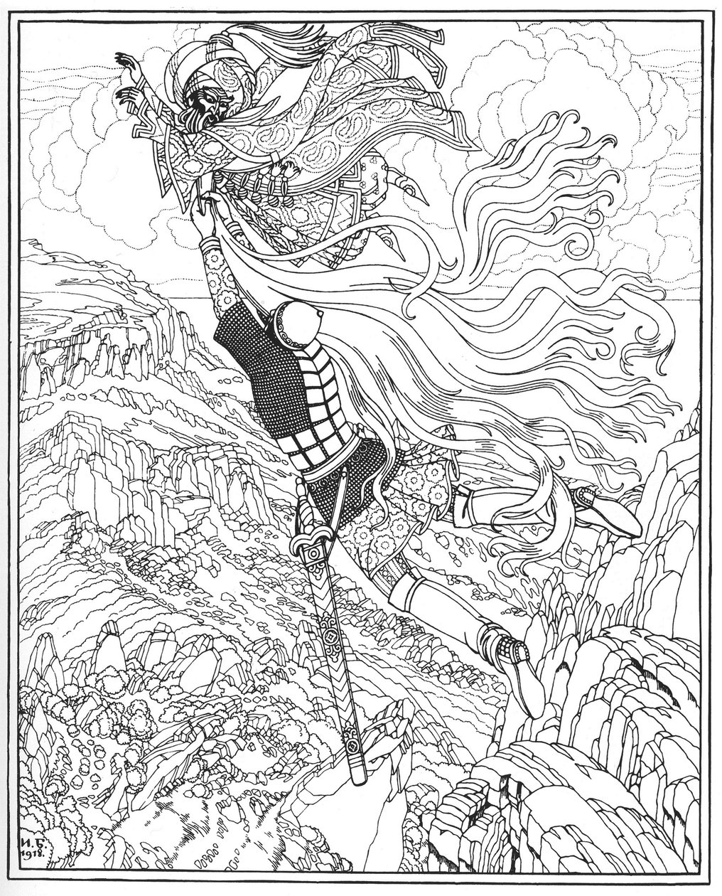Flight of Chernomor och Ruslan. Illustration till dikten Ruslan och Lyudmila av A. Pushkin, 1918 av Ivan Yakovlevich Bilibin