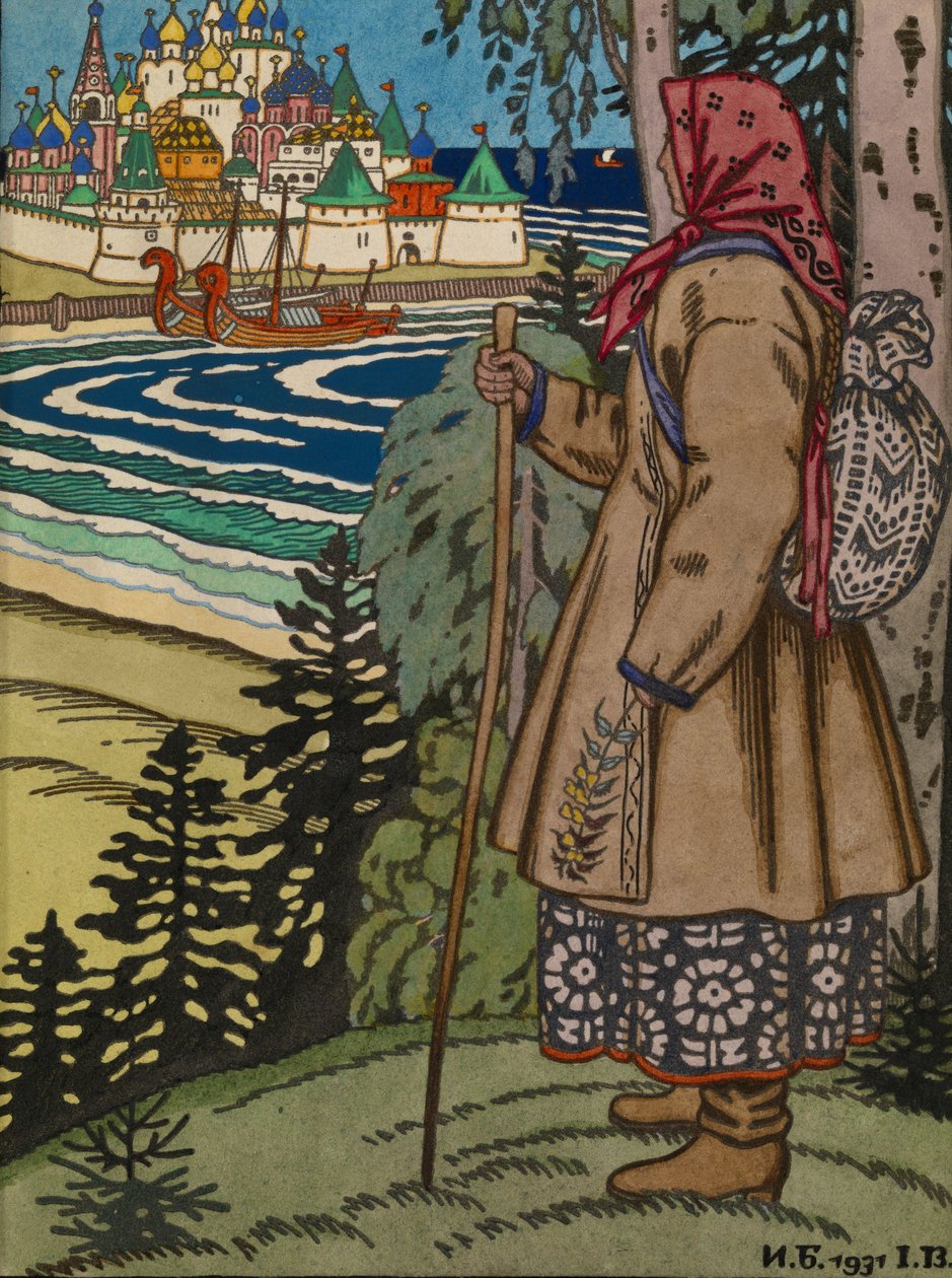 Bondflicka. Illustration till boken Contes de lIsba, 1931 av Ivan Yakovlevich Bilibin