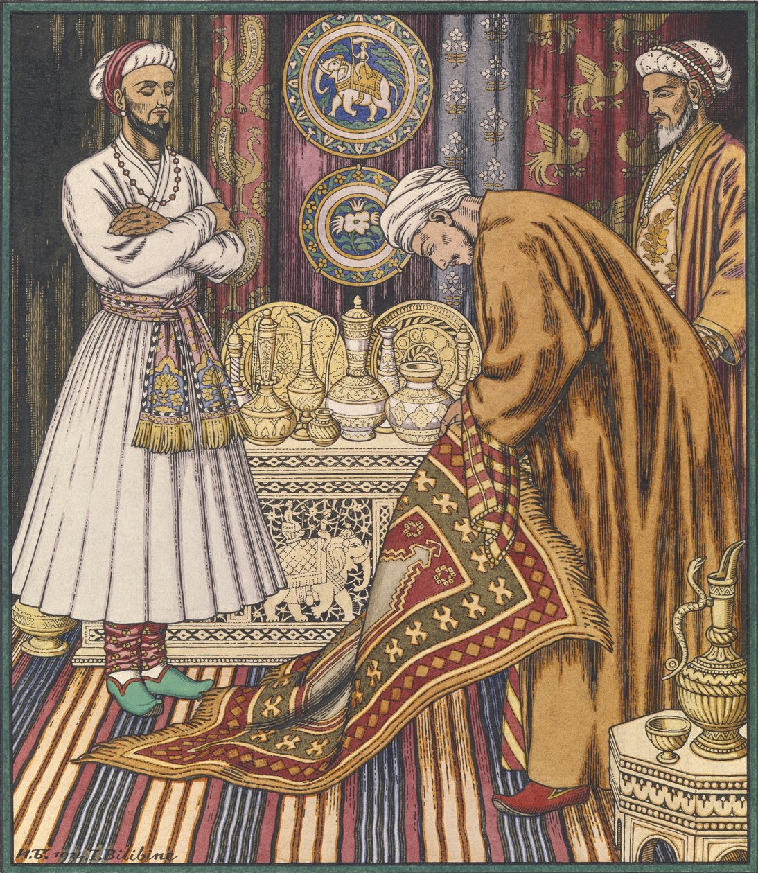 Prins Ali köper en matta. Illustration för arabiska sagor av Ivan Yakovlevich Bilibin