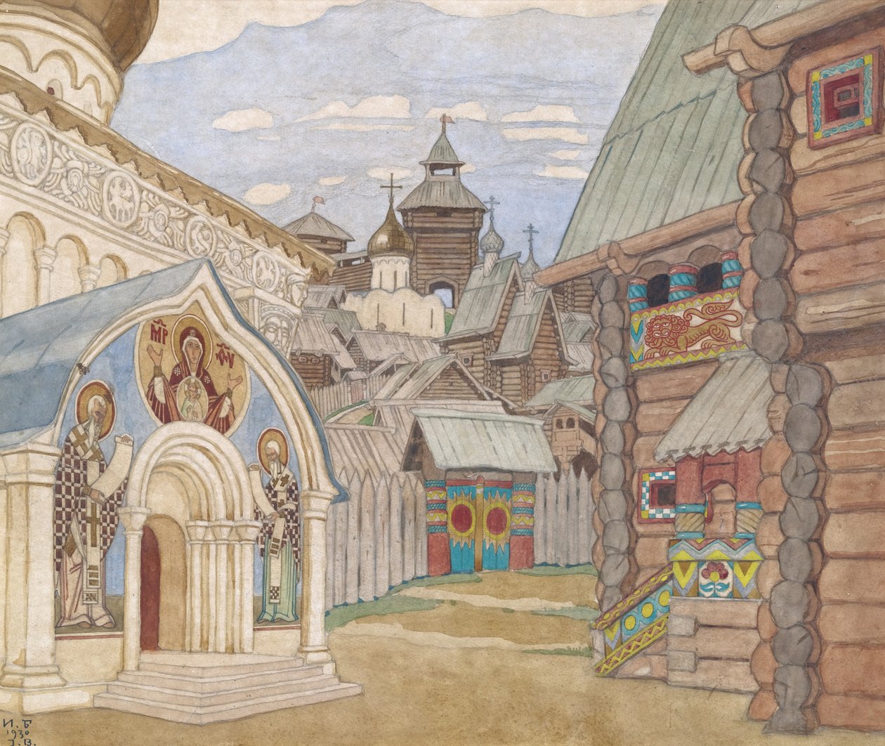 Ryska byn. Scenografi för operan Sagan om Tsar Saltan av N. Rimsky-Korsakov av Ivan Yakovlevich Bilibin