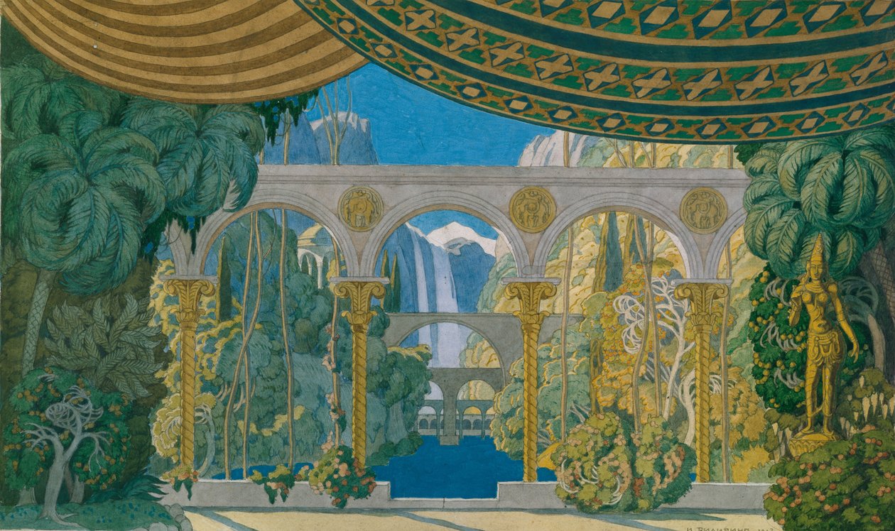 Tjernomors trädgårdar. Scenografi för operan Ruslan och Ludmila av M. Glinka, 1913 av Ivan Yakovlevich Bilibin