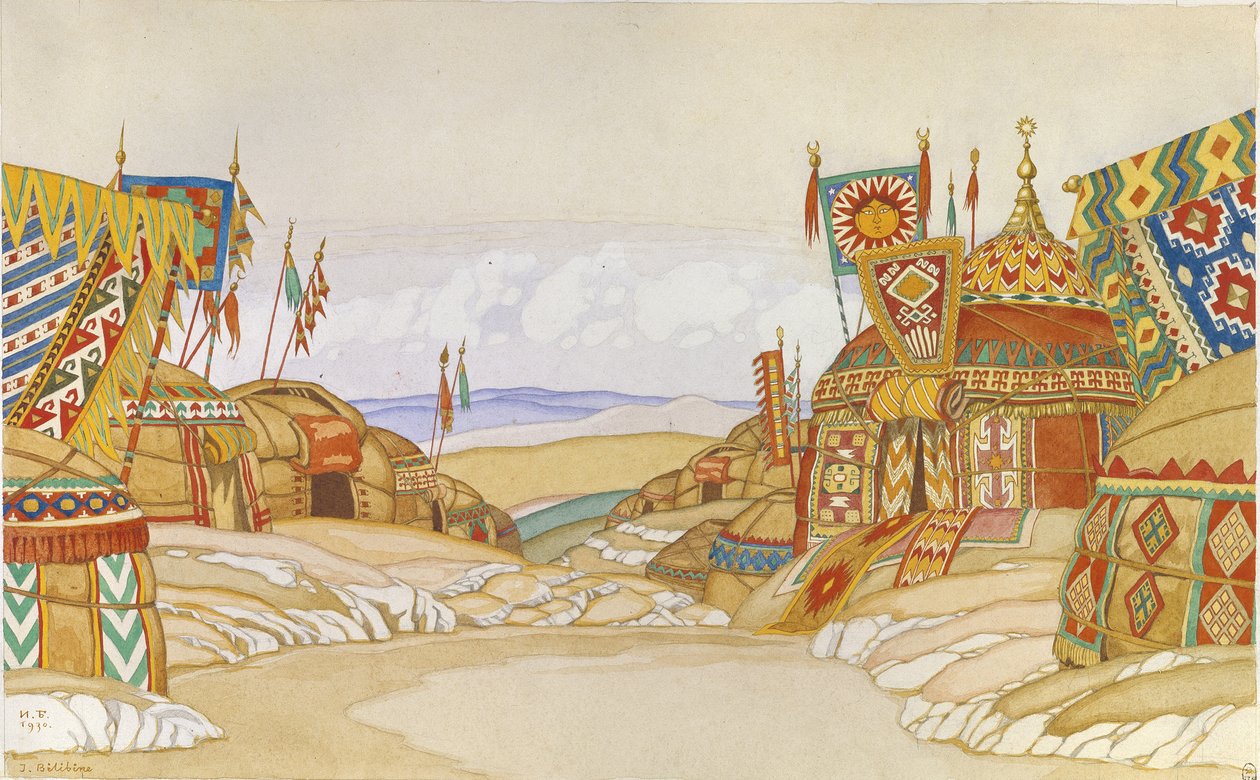 Polovtsian lägret. Scenografi för operan Prince Igor av A. Borodin, 1930 av Ivan Yakovlevich Bilibin