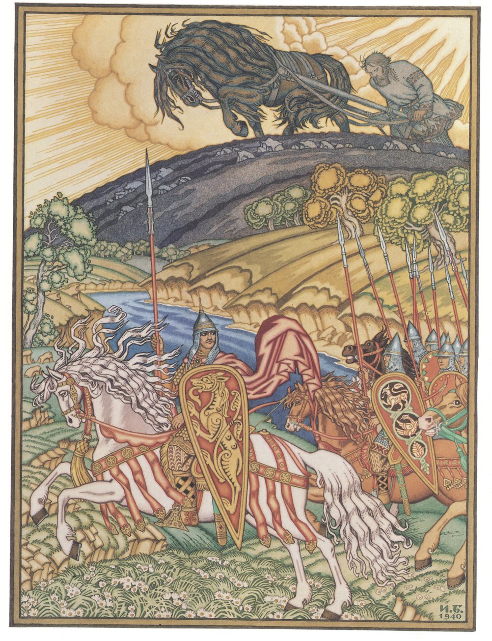 Volga Svyatoslavich och Mikula Selyannovich, 1940 av Ivan Yakovlevich Bilibin