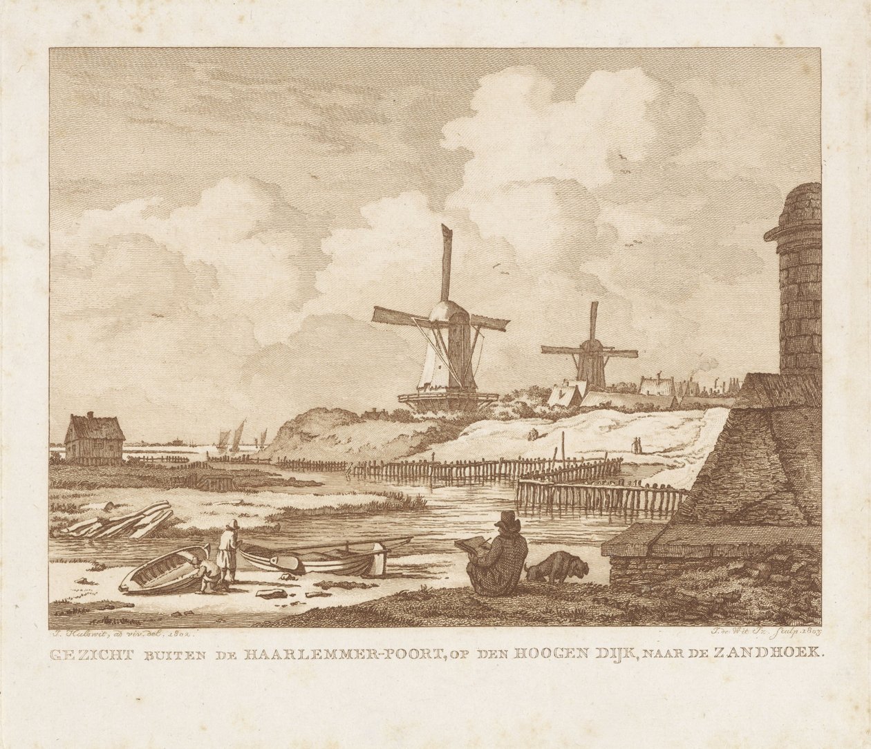Utsikt utanför Haarlemmerpoort i Amsterdam med en sittande tecknare Utsikt utanför Haarlemmer-Poort, på Hoogen Dijk, mot Zandhoek (titel på objekt) av Izaak Jansz. de Wit