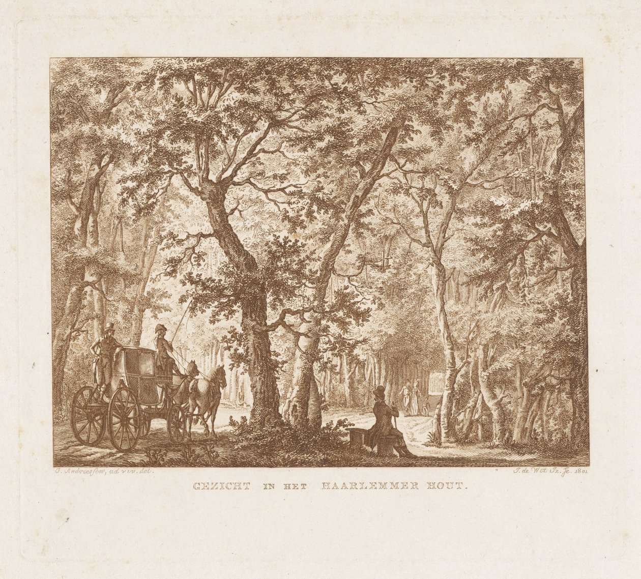Vagn och vandrare i Haarlemmerhout Utsikt i Haarlemmer Hout (titel på objekt) av Izaak Jansz. de Wit