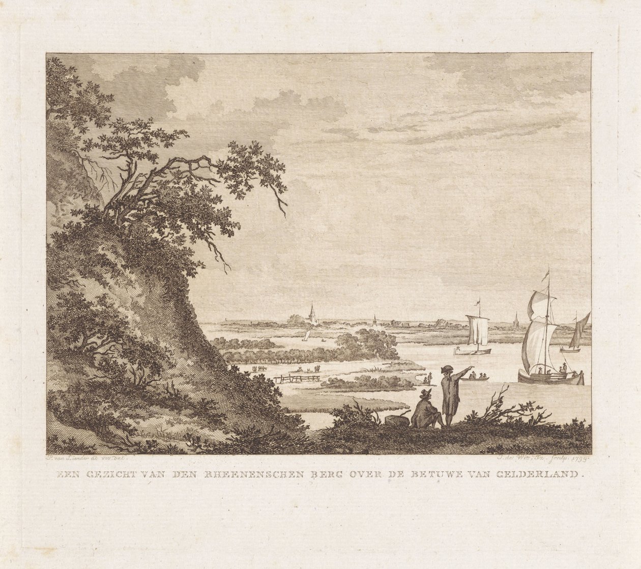 Brett landskap med två figurer och segelfartyg En vy av Rheenenschen Berg över Betuwe i Gelderland (titel på objekt) av Izaak Jansz. de Wit
