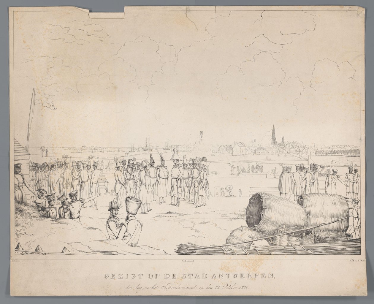 Utsikt över staden Antwerpen dagen efter bombardementet, den 28 oktober 1830 (titel på objekt) av Izaak Schouman
