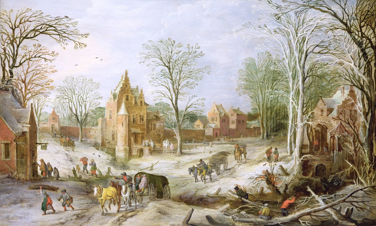 Ett skogigt vinterlandskap med en vagn (panel) av J. and Momper, J. de Brueghel