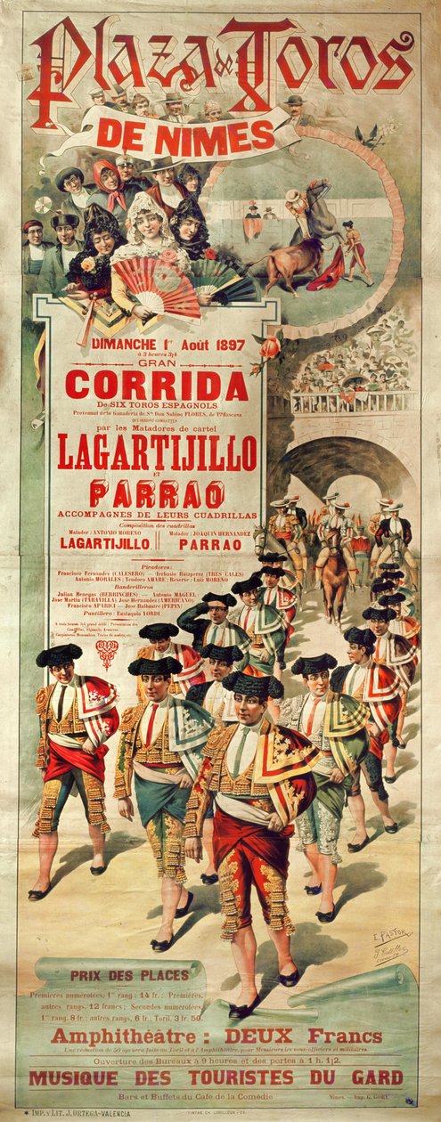 Affisch som annonserar en tjurfäktning på Plaza de Toros, Nimes, 1 augusti 1897, graverad av J. Ortega av J. and Pastor, E. Estellor