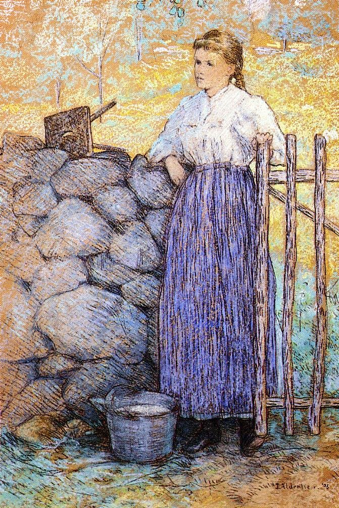 Girl Standing by a Gaten av J. Alden Weir