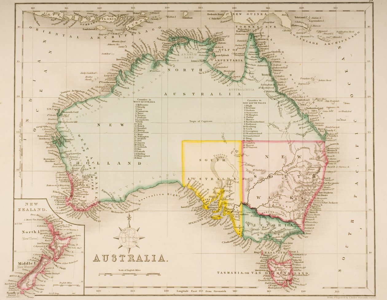 Karta över Australien och Nya Zeeland av J. Archer