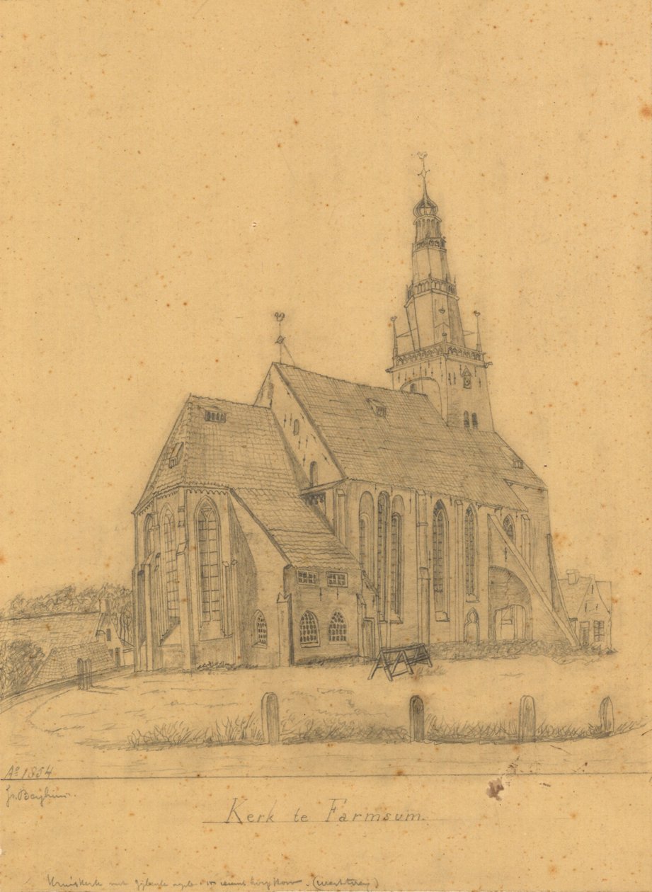 Ritning av den gamla kyrkan i Farmsum före rivningen av tornet 1855 (och kyrkan 1869) av J. Berghuis