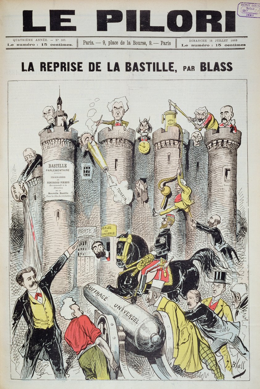 Omslaget till "Le Pilori" föreställer general Boulanger (1837-91) som "intar" Bastiljen, karikatyr av det franska valet 1889, 14 juli 1889. av J. Blass