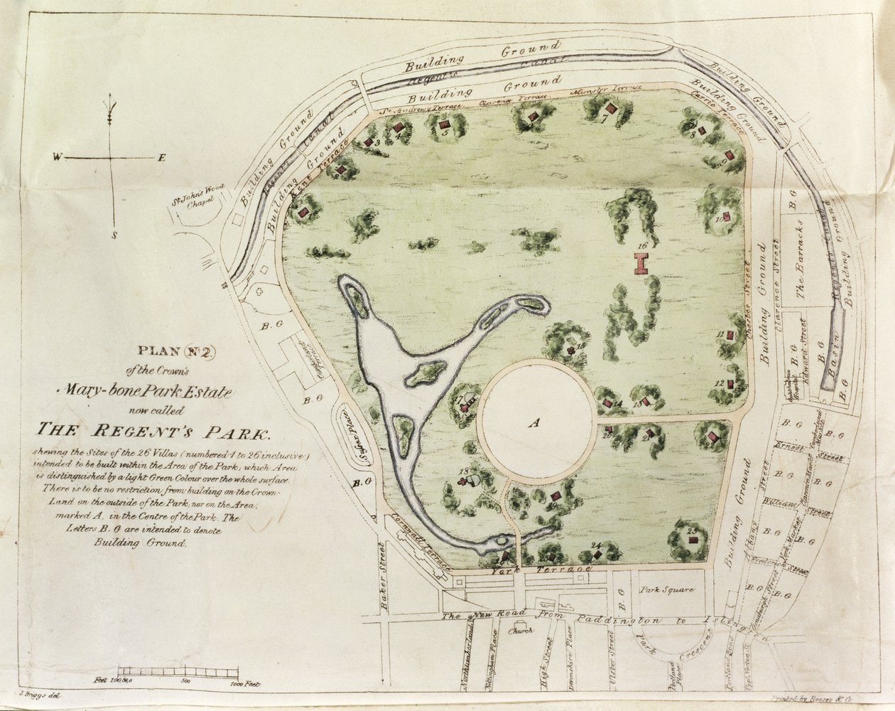 Plan of Regents Park, tryckt av Boosey & Co., 1822 av J. Briggs