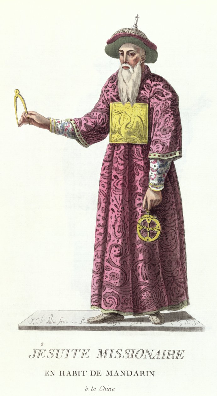 Jesuitmissionär i mandarin-kostym, från "Receuil de Tous Les Costumes des Ordres Religieux et Militaires", publicerad 1785. av J. C. Bar