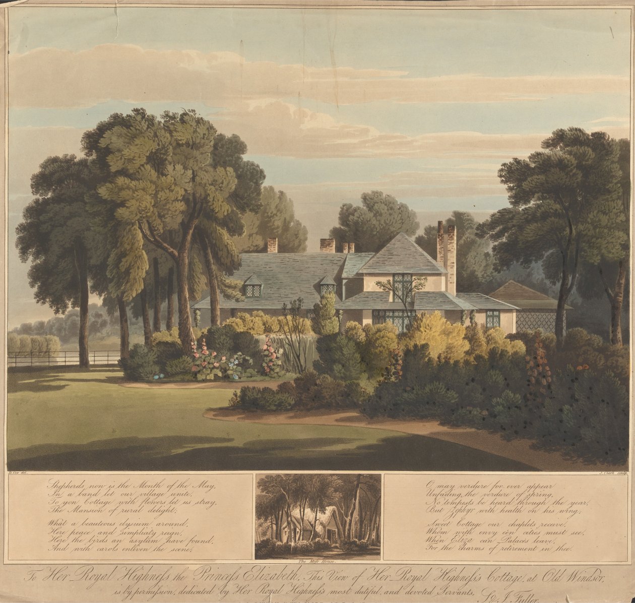 Vy över HRH Princess Elizabeths Cottage på Old Windsor med utsikt över moshuset nedanför av J. Clark