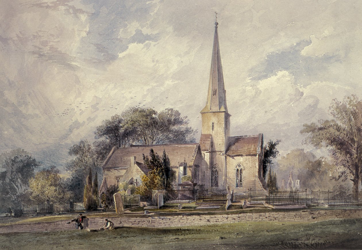 Utsikt från sydost om en kyrka och en kyrkogård, 1800-talet av J. Colson