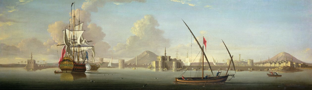 En omfattande vy över hamnen i Alexandria med en brittisk man O